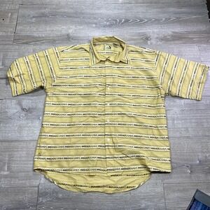 Mecca USA Button Down Shirt Men XL Yellow All Over Logo Print Vintage 90s HipHop